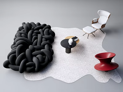 Modern Black Woven Sofa Set With White Armchair Ottoman Round Coffee Table Red Decorative Bowl 3d model
