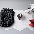 Modern Black Woven Sofa Set With White Armchair Ottoman Round Coffee Table Red Decorative Bowl