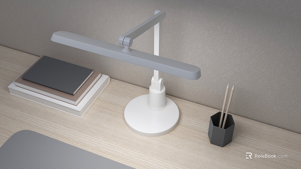 Modern Desk Lamp on Light Wooden Table with Stacked Books and Black Pen Holder 3d model 
