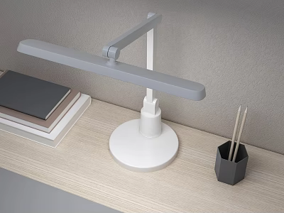 Modern Desk Lamp on Light Wooden Table with Stacked Books and Black Pen Holder 3d model