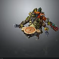 Orc Warrior Character With Muscular Build Wearing Helmet Armor Holding Drum Red Symbol And Weapons
