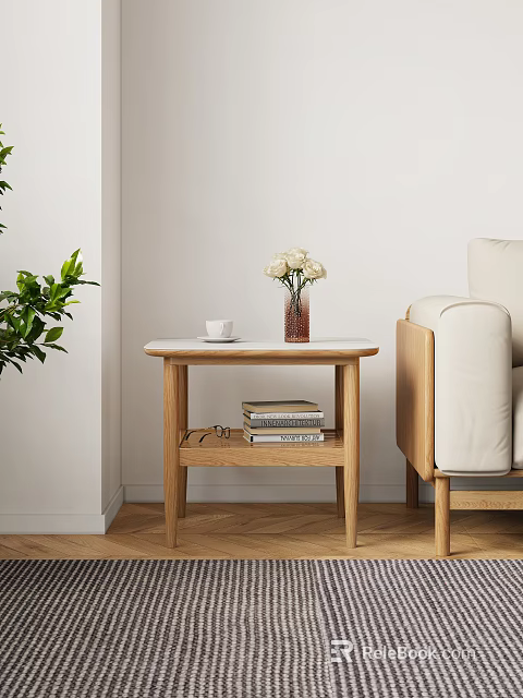 Modern Wooden Coffee Table With White Top Flowers Vase Cup Books And Glasses Near Sofa 3d model 