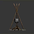 Wooden Tripod and Stone Fire Pit Setup with Hanging Pot and Burning Flames