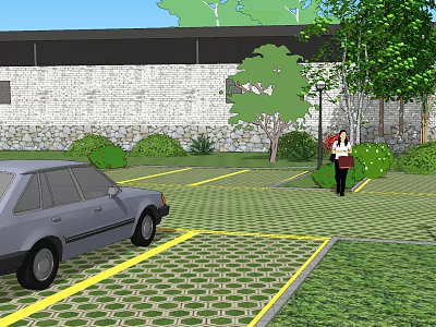 Parking Lot With Gray Car Yellow Lines Patterned Pavement Trees And People 3d model