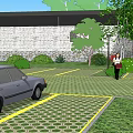 Parking Lot With Gray Car Yellow Lines Patterned Pavement Trees And People