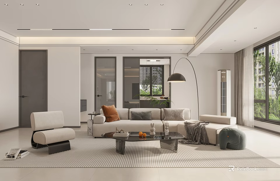 Modern Living and Dining Room Interior With Sofa Coffee Table And Pendant Light Decor 3d model 