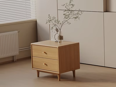 Wooden Bedside Table With Two Drawers Vase Plant Near Window Blinds And White Cabinet 3d model