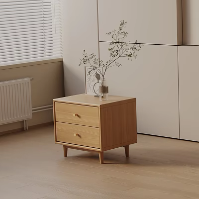 Wooden Bedside Table With Two Drawers Vase Plant Near Window Blinds And White Cabinet 3d model