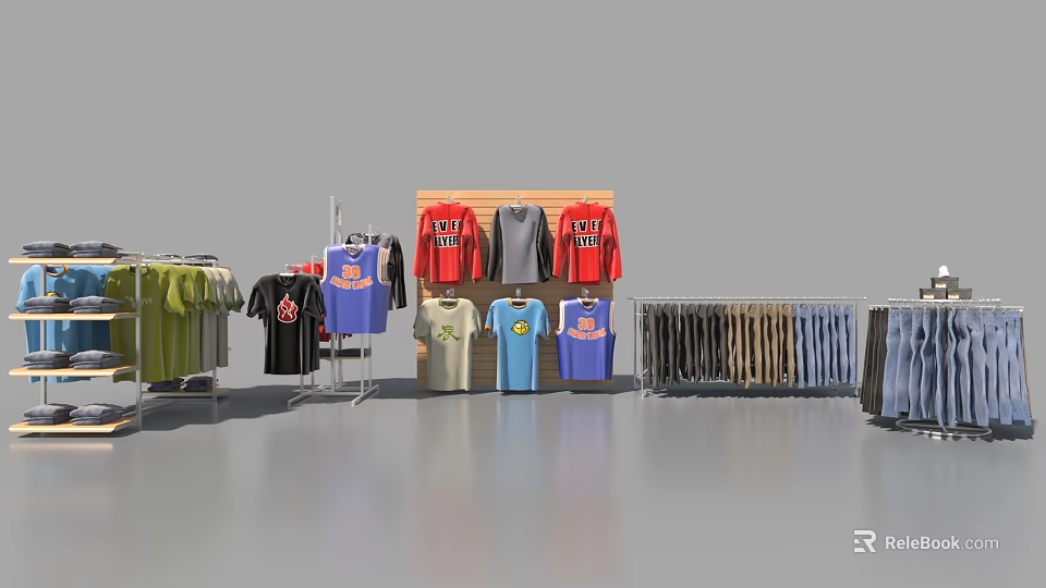 Clothing Display Shelf With Various Colorful T Shirts And Hanging Pants 3d model 