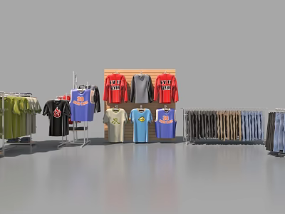 Clothing Display Shelf With Various Colorful T Shirts And Hanging Pants 3d model