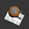 Orange Spherical Structure With White Expandable Model And Mechanical Design Blueprint