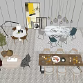 Modern Stylish Dining Chairs With Wooden Marble Tables Pendant Lights And Decorative Paintings