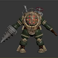 Green and Gold Armored Character With Diver Helmet Red Lights and Arm Mounted Weapon