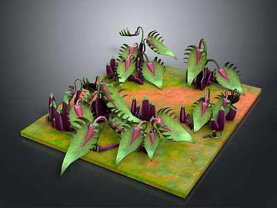 Vibrant 3D Model Plants Featuring Green and Purple Foliage on Green Orange Ground 3d model