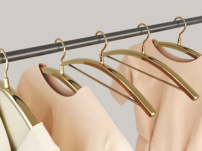 Stylish Golden Hangers Hanging On Black Rod With Light Colored Clothes 3d model