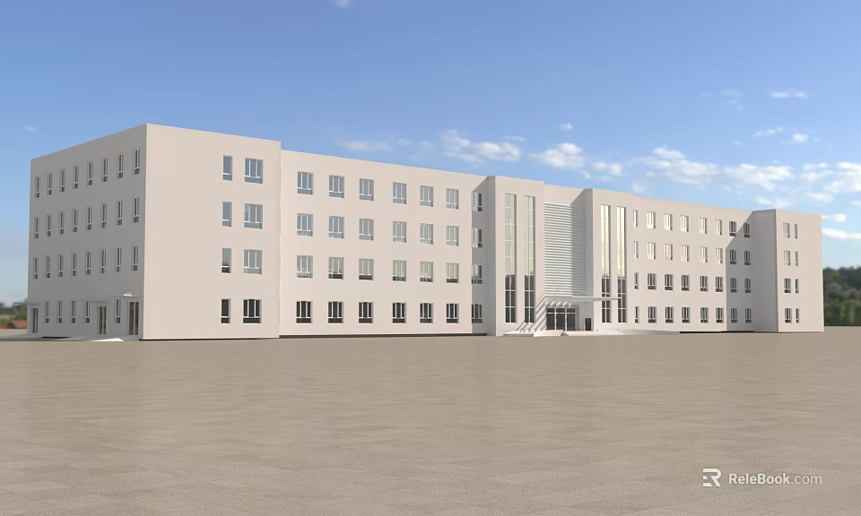 Modern White Office Building With Large Windows And Open Front Area Under Blue Sky 3d model