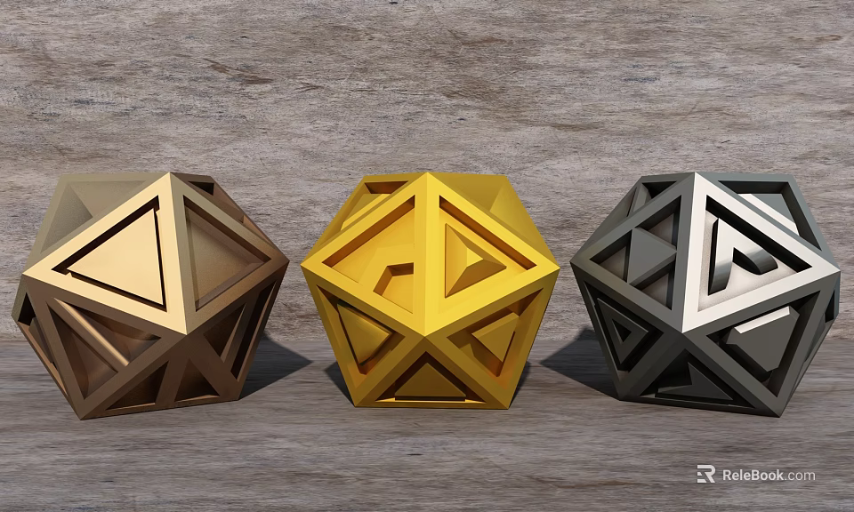 Geometric Metallic Decorative Ornament Set with Gold Silver Copper Finish and Hollow Design 3d model 