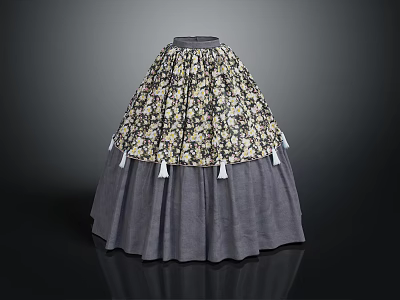 Floral Print Full Skirt with Black Yellow Pattern Gray Bottom Hem and White Tassels 3d model
