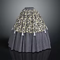 Floral Print Full Skirt with Black Yellow Pattern Gray Bottom Hem and White Tassels