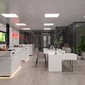 Modern Office Reception Area With White Marble Counter Glass Partitions And Green Plants
