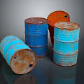 Rusty Metal Drums in Blue Red with Upright Tilted Rusted Surfaces 3d model