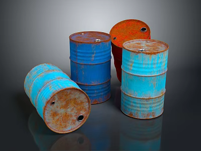 Rusty Metal Drums in Blue Red with Upright Tilted Rusted Surfaces 3d model