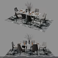 Modern Dining Table Set With Light Colored Chairs Floral Centerpiece And Patterned Rug 3d model