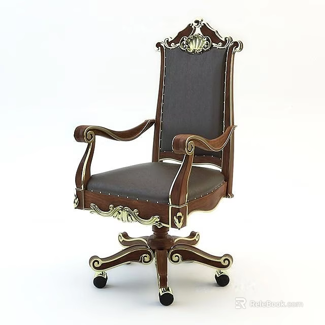 Ornate Wooden Office Chair With Leather Seat And Decorative Carvings On Wheeled Base 3d model 