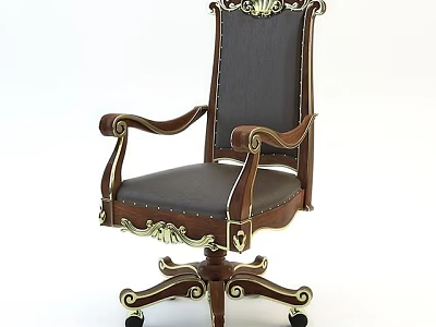 Ornate Wooden Office Chair With Leather Seat And Decorative Carvings On Wheeled Base 3d model