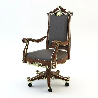 Ornate Wooden Office Chair With Leather Seat And Decorative Carvings On Wheeled Base 3d model