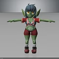 3D Green Goblin Character Design With Blue Hair Yellow Eyes Red Top Green Shorts Goggles