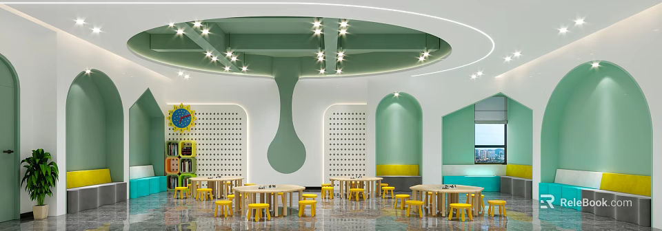 Kindergarten Interior Design With Tables Yellow Stools And Unique Decor 3d model