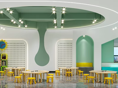 Kindergarten Interior Design With Tables Yellow Stools And Unique Decor 3d model