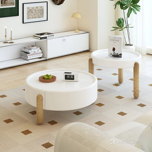 Two Round White Coffee Tables with Wooden Legs Fruit Tray Clock in Living Room 3d model 