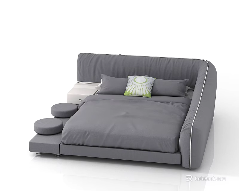 Modern Gray Double Bed With Curved Frame Pillows Green Accent Cushion Side Table And Ottomans 3d model 