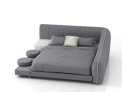 Modern Gray Double Bed With Curved Frame Pillows Green Accent Cushion Side Table And Ottomans 3d model