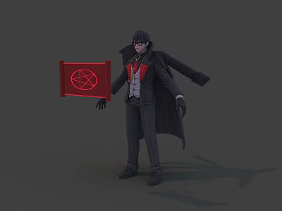 Game And Movie Character Wearing Black Coat Red Bow Tie Holding Red Plaque With Pentagram 3d model