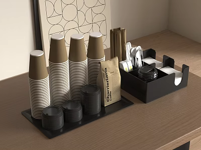 Stacked Disposable Paper Cups With Lids And Coffee Accessories On Wooden Tabletop 3d model