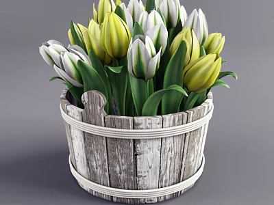 Bonsai Potted Plant in Wooden Bucket with Yellow And White Tulips and Green Leaves 3d model