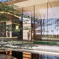 Elegant Modern Commercial Street with High Rise Buildings Glass Pavilion Trees Pond and Leisure Area
