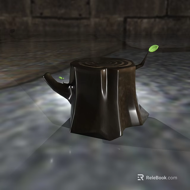 Stone Wood Teapot With Stump Design And Green Leaves Decorative Piece 3d model 
