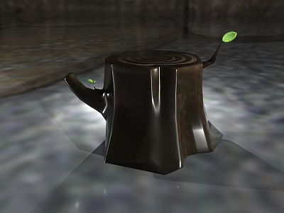 Stone Wood Teapot With Stump Design And Green Leaves Decorative Piece 3d model