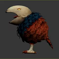Colorful 3D Bird With Open Beak Yellow Eyes Red Feet Blue Red Feathers Dark Background