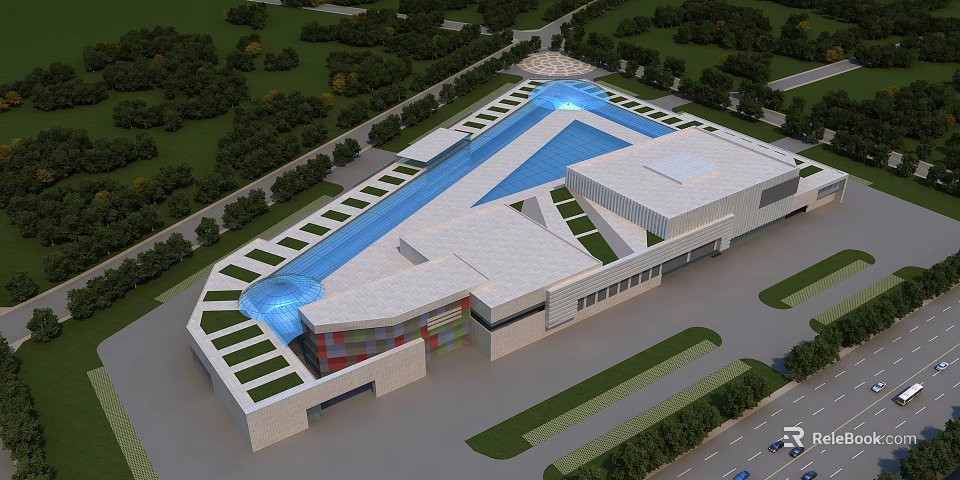 Modern Industrial Factory Building With Green Roof Surrounding Trees Roads And Parking Area 3d model 