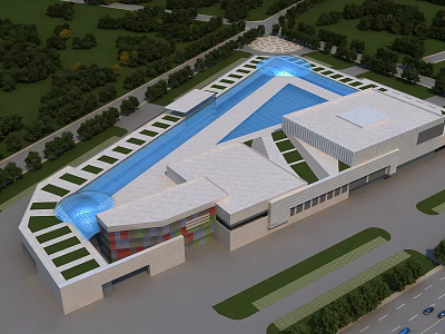 Modern Industrial Factory Building With Green Roof Surrounding Trees Roads And Parking Area 3d model