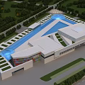 Modern Industrial Factory Building With Green Roof Surrounding Trees Roads And Parking Area