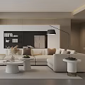 Modern Light Toned Living Room Interior With White Sofa Round Coffee Tables And Bookshelves