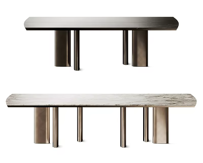 Modern Minimalist Dining Table With Smooth Tabletop And Cylindrical Metal Legs 3d model