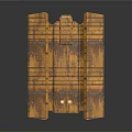 Two Orange Rusty Metal Structures With Striped Pattern On Dark Reflective Surface