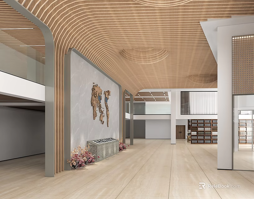 School Interior With Wooden Curved Ceiling Mural Bookshelves And Plants 3d model 